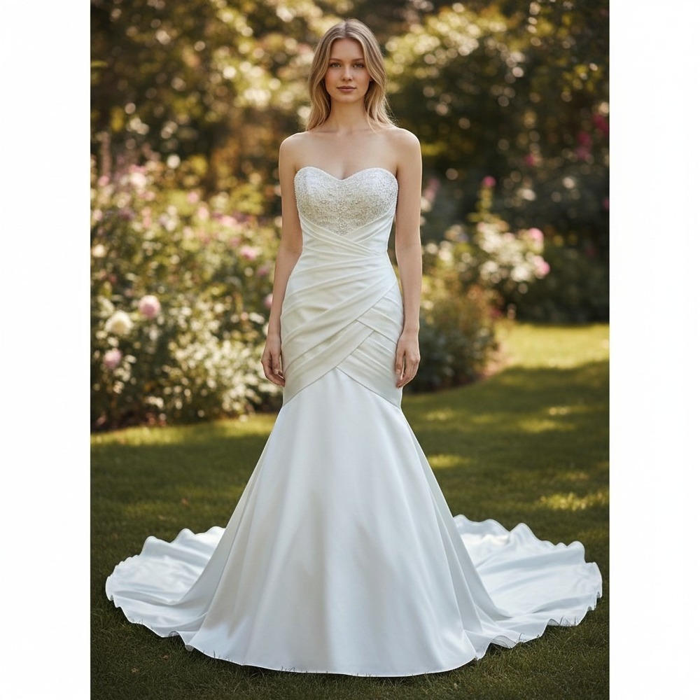 Da Vinci Wedding Gown 16 Ivory Beaded Strapless Ruched Zip Button Train NWT